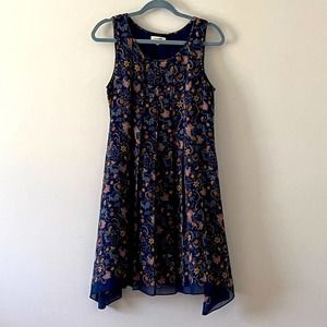 Max Studio Navy Blue Floral Pleated Swing Dress Small